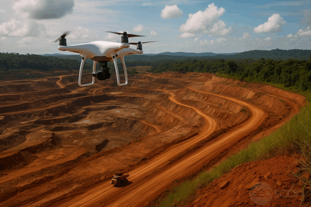 Imagem fictícia gerada por AI para representar  o geoprocessamento com drones para mineração no Pará